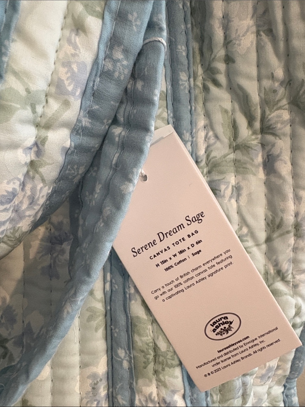Laura Ashley Serene Dream Sage Quilted Floral Canvas Tote Bag - Picture 6 of 7